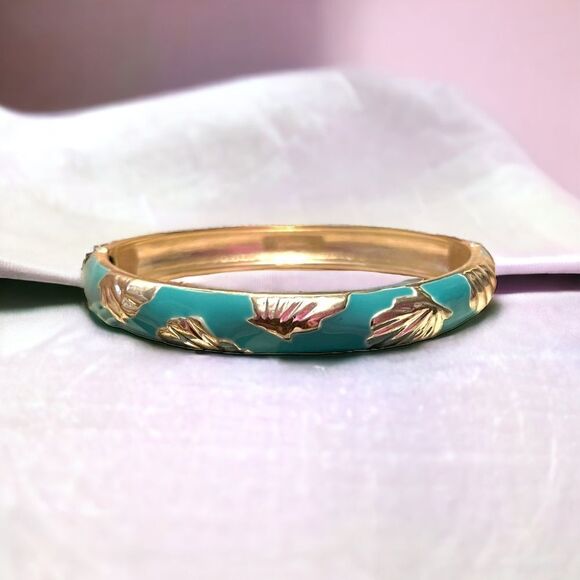 Sequins Light Blue Gold Shell Hinged Clamper Bangle NWT - Picture 1 of 7